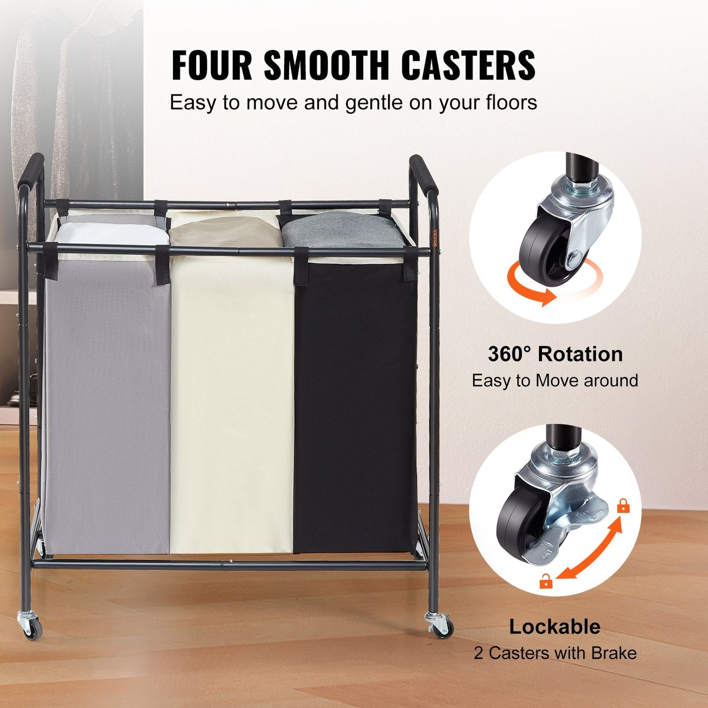 3-Section Heavy Duty Laundry Sorter Cart with Lockable Wheels, 0.04m Diameter