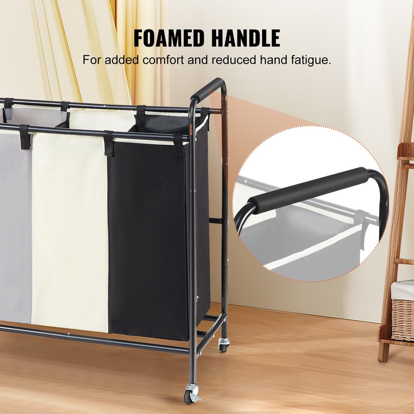 3-Section Heavy Duty Laundry Sorter Cart with Lockable Wheels, 0.04m Diameter