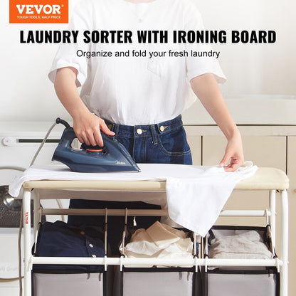 3-Section Laundry Cart with Ironing Board and Removable Bags, Heavy Duty Wheels