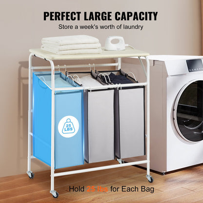 3-Section Laundry Cart with Ironing Board and Removable Bags, Heavy Duty Wheels
