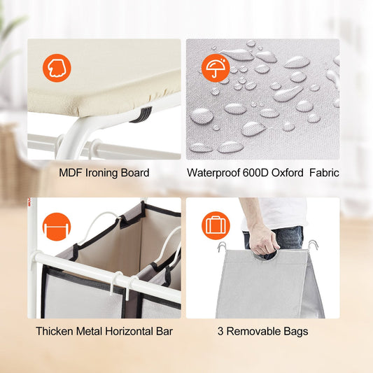 3-Section Laundry Cart with Ironing Board and Removable Bags, Heavy Duty Wheels