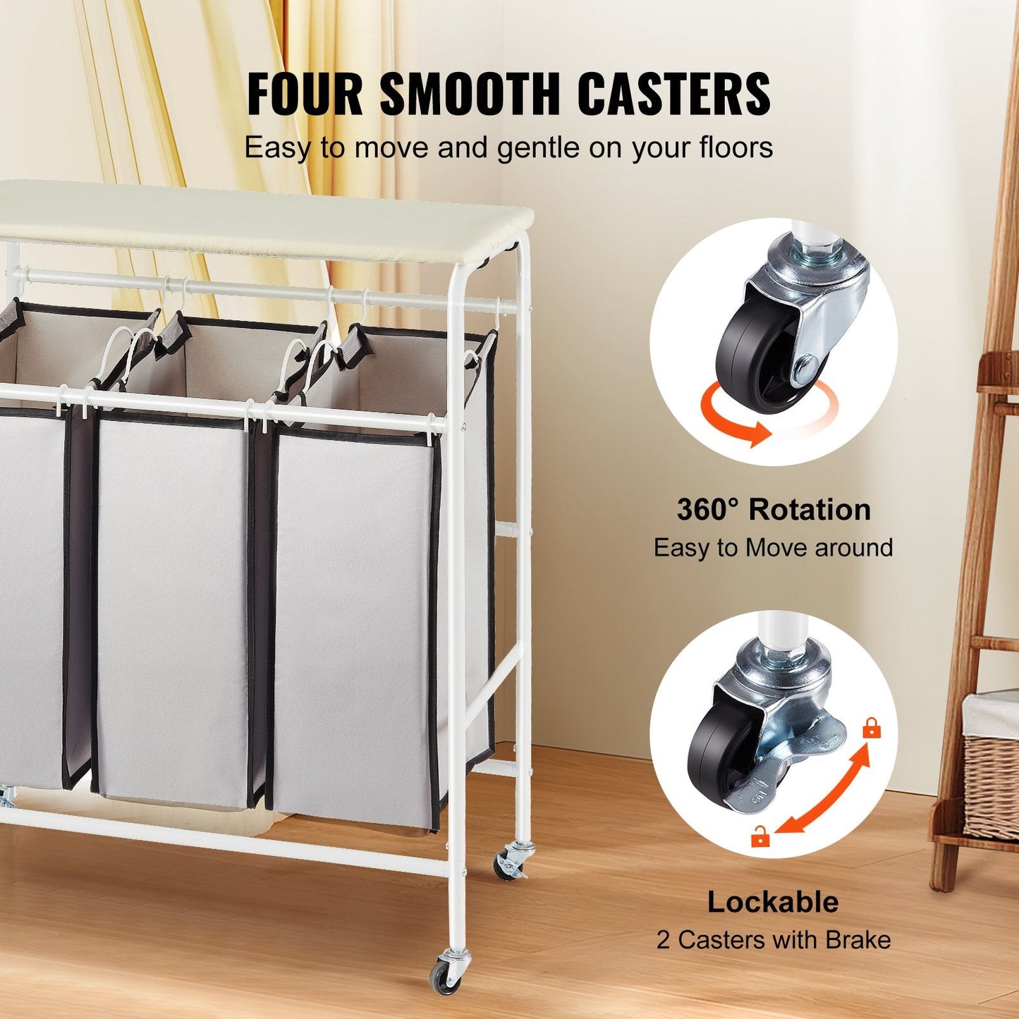 3-Section Laundry Cart with Ironing Board and Removable Bags, Heavy Duty Wheels