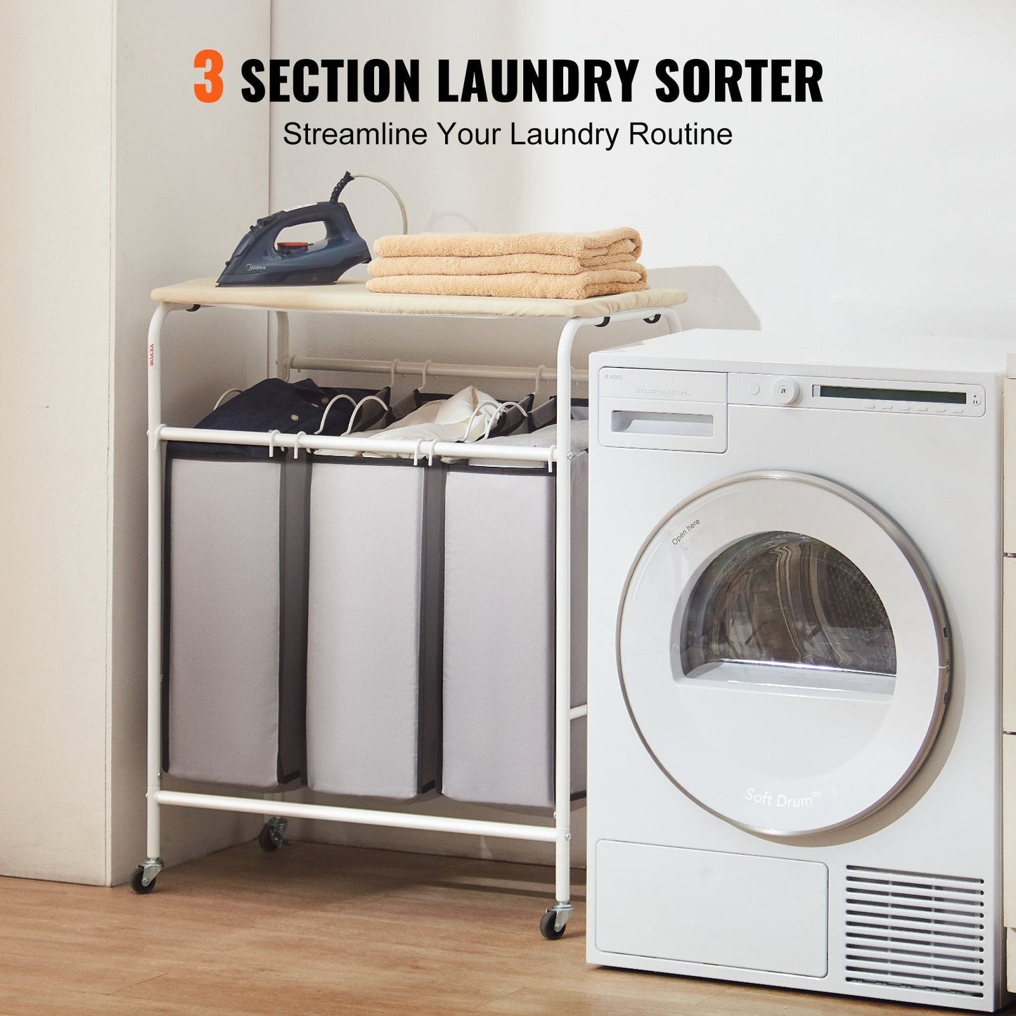 3-Section Laundry Cart with Ironing Board and Removable Bags, Heavy Duty Wheels