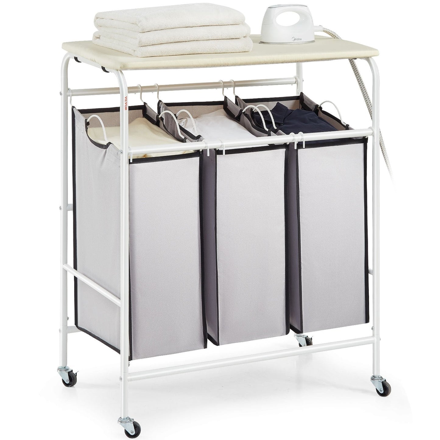 3-Section Laundry Cart with Ironing Board and Removable Bags, Heavy Duty Wheels