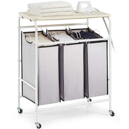 3-Section Laundry Cart with Ironing Board and Removable Bags, Heavy Duty Wheels