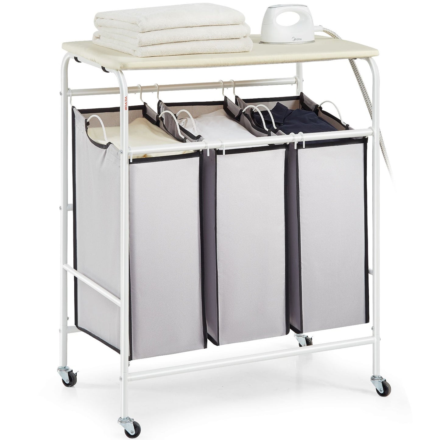 VEVOR 3-Section Laundry Sorter Cart with Ironing Board, Laundry Hamper with Heavy
