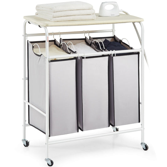 VEVOR 3-Section Laundry Sorter Cart with Ironing Board, Laundry Hamper with Heavy