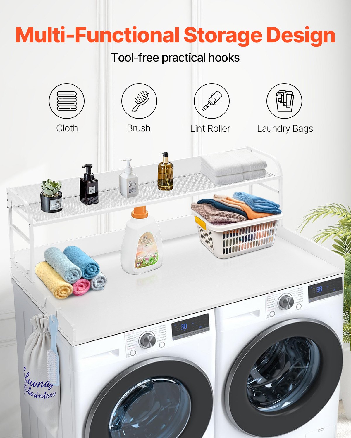 VEVOR Washer Dryer Countertop with Shelf 54"x27" Wooden Washer Dryer Cover White