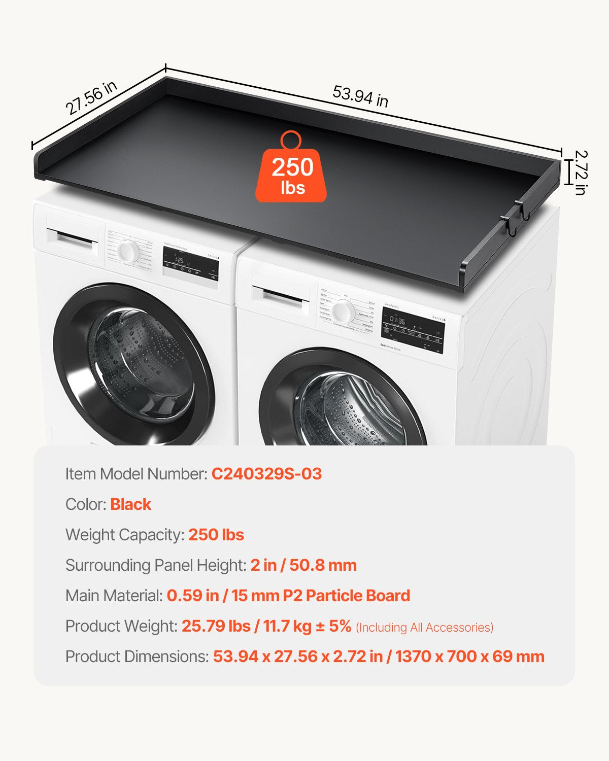 VEVOR Washer Dryer Countertop 54" x 27" Wooden Washer and Dryer Topper Black