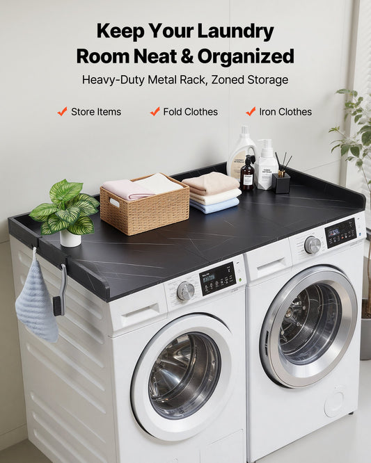 Washer Dryer Countertop, 137 x 69.9 cm Marble Washer and Dryer Topper with Edge & Hooks, Water-Resistant Laundry Machine Topper for Laundry Closet Pantry Counter Organization and Storage, Black