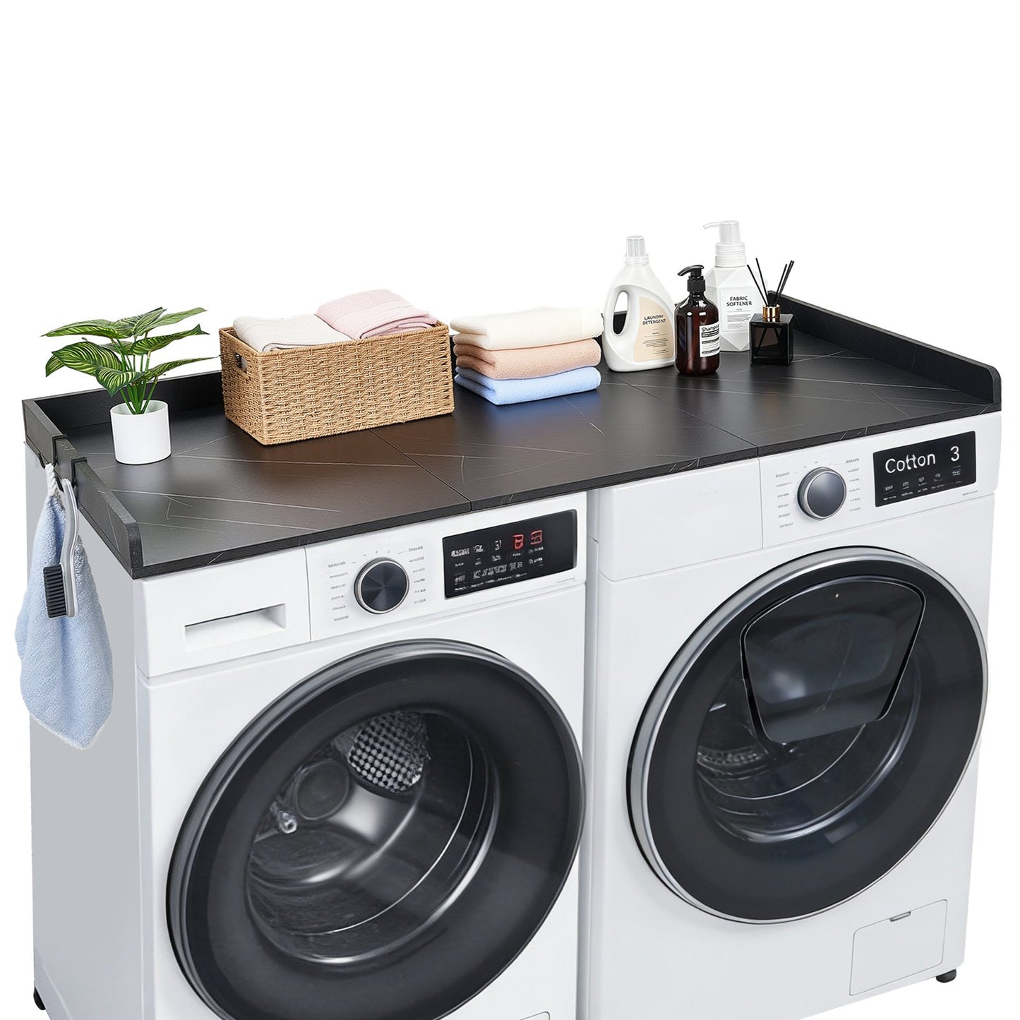 Washer Dryer Countertop, 137 x 69.9 cm Marble Washer and Dryer Topper with Edge & Hooks, Water-Resistant Laundry Machine Topper for Laundry Closet Pantry Counter Organization and Storage, Black