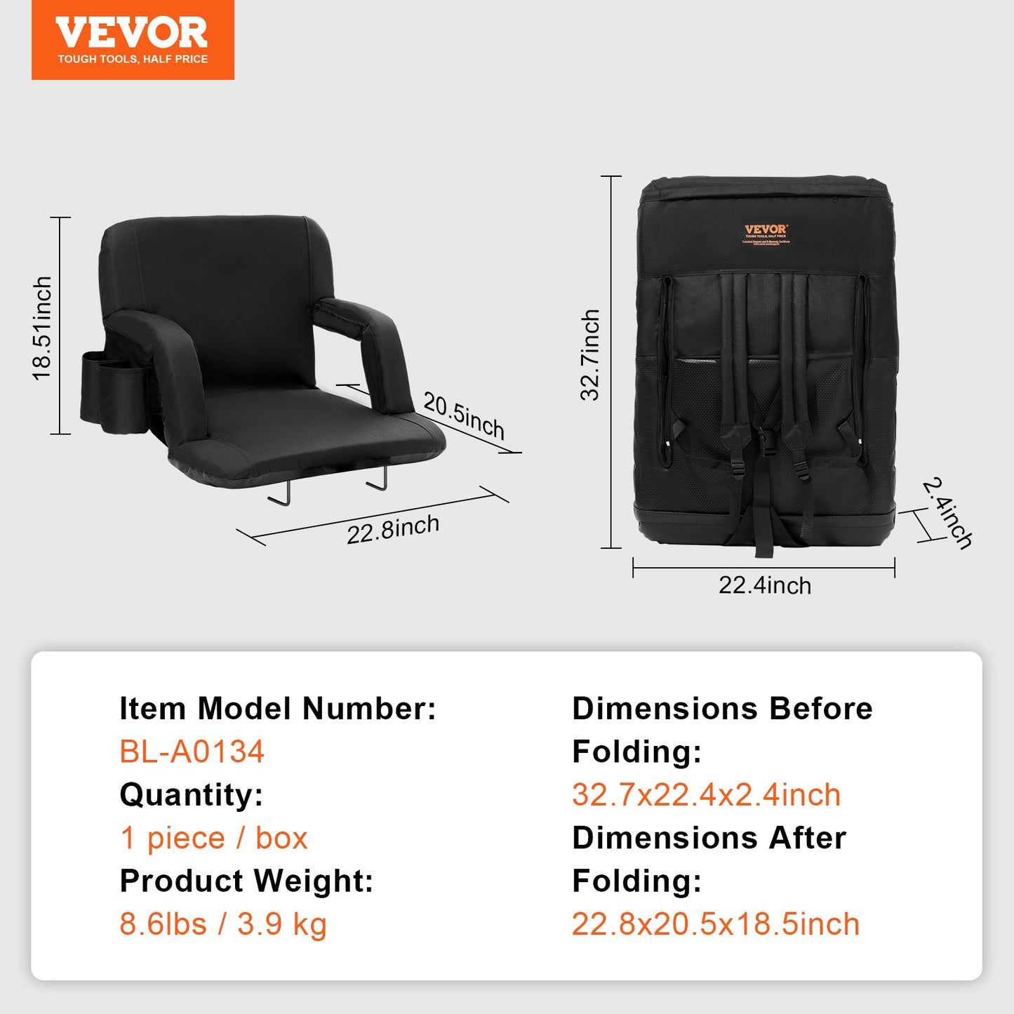 VEVOR Stadium Seat with Back Support, Wide Bleacher Seat Back, Folding Padded Cushion