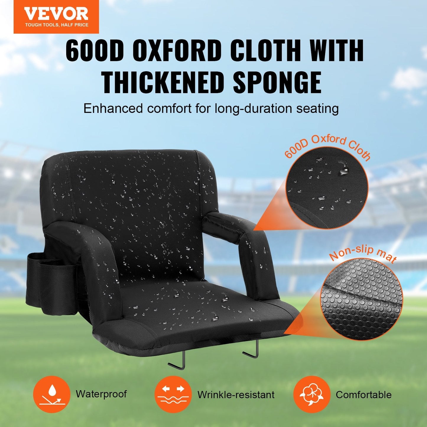 Portable Reclining Stadium Chair with Back Support & Cupholder, 2-Pack