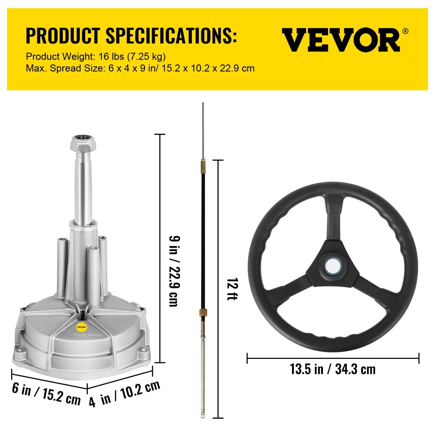 Mechanical Boat Steering Kit with 3.36 m Cable and 0.34 m Wheel