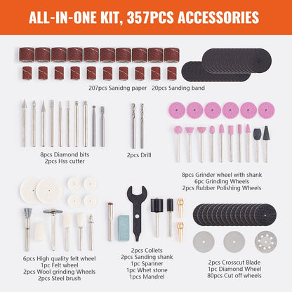 357-Piece Rotary Tool Kit for Carving, Sanding, Cutting, and Polishing