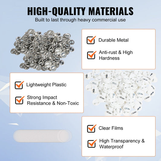 1 Meter Button Badge Parts for Maker Machine - 500 Sets, Metal & Plastic