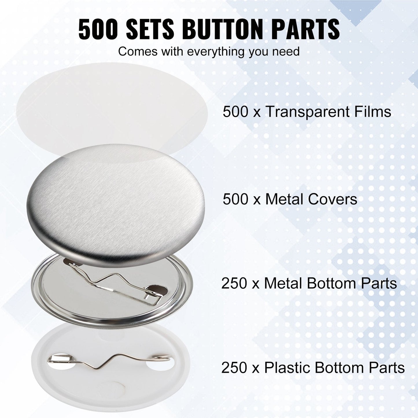 32mm Button Badge Parts for Maker Machine - 500 Sets with Metal & Plastic Components