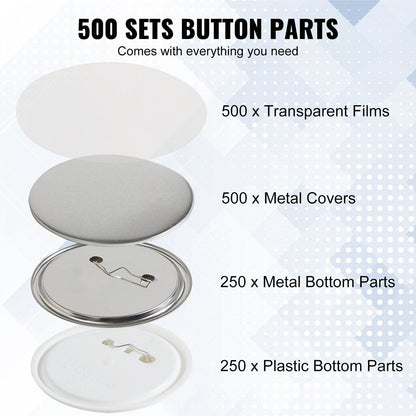 58mm Button Badge Parts for Maker Machine, 500 Sets, Metal & Plastic