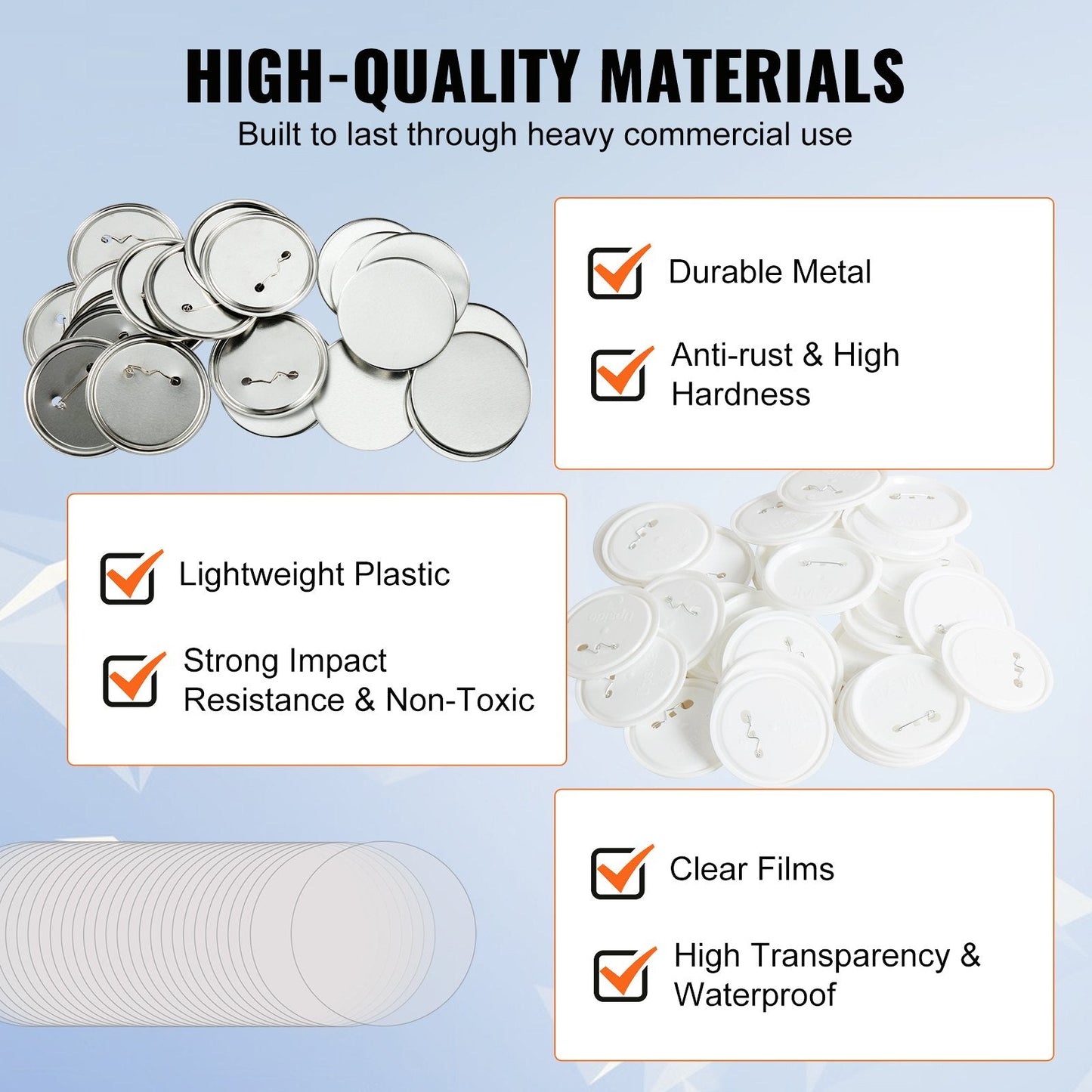 75mm Button Badge Maker Parts Kit, 200 Sets with Metal & Plastic Components