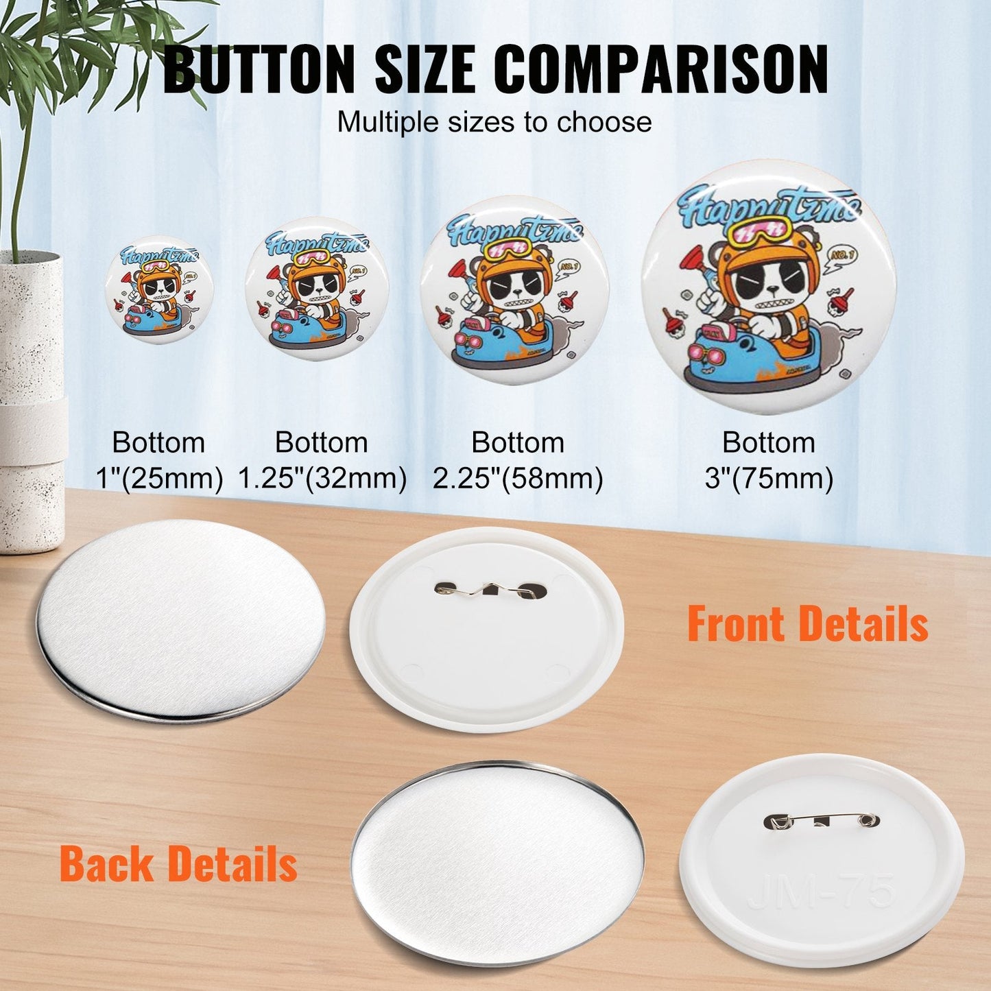 75mm Button Badge Maker Parts Kit, 200 Sets with Metal & Plastic Components