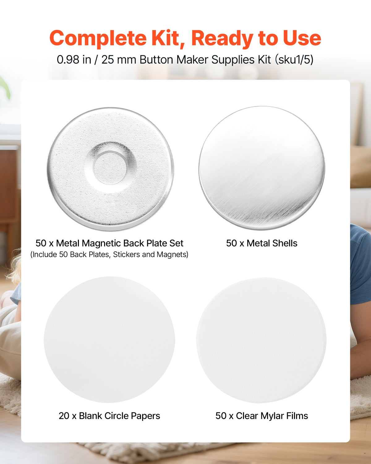 Button Maker Supplies 50 Sets 0.98 in / 25 mm Refrigerator Magnets, Button Parts with Magnetic Backs, Metal Shells, Clear Mylar Films, and Blank Circle Papers, for Home DIY and Kitchen Decor