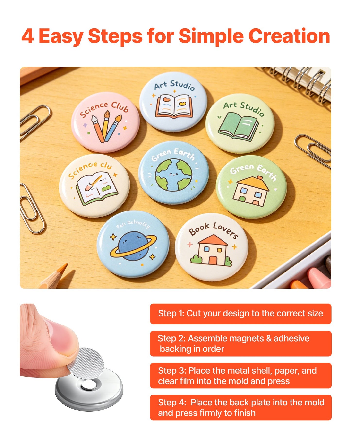 Button Maker Supplies 50 Sets 0.98 in / 25 mm Refrigerator Magnets, Button Parts with Magnetic Backs, Metal Shells, Clear Mylar Films, and Blank Circle Papers, for Home DIY and Kitchen Decor