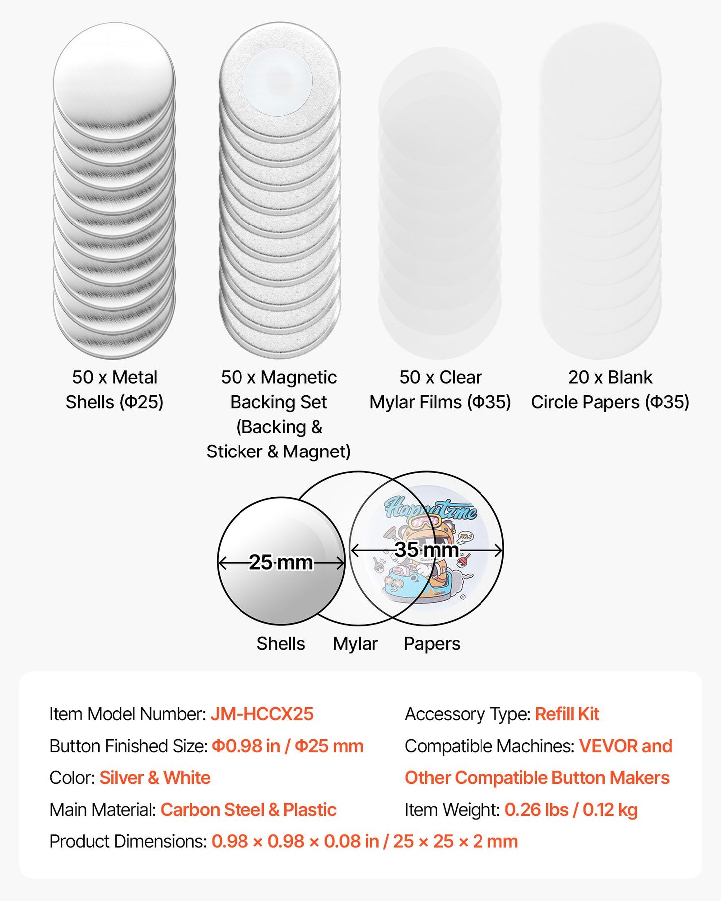 Button Maker Supplies 50 Sets 0.98 in / 25 mm Refrigerator Magnets, Button Parts with Magnetic Backs, Metal Shells, Clear Mylar Films, and Blank Circle Papers, for Home DIY and Kitchen Decor