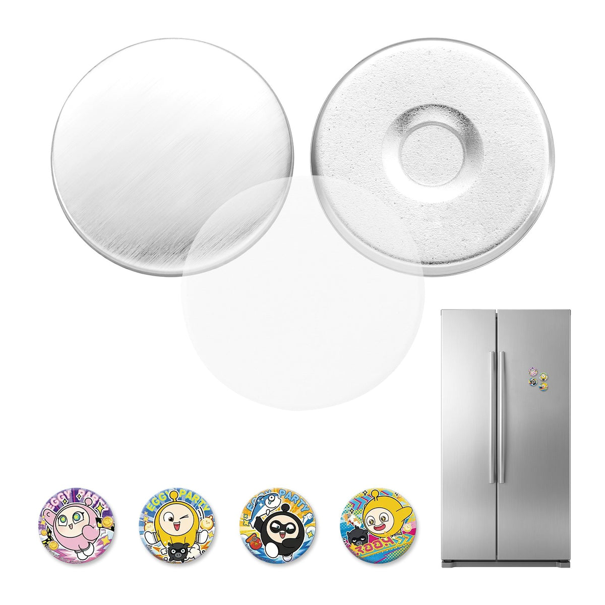 Button Maker Supplies 50 Sets 0.98 in / 25 mm Refrigerator Magnets, Button Parts with Magnetic Backs, Metal Shells, Clear Mylar Films, and Blank Circle Papers, for Home DIY and Kitchen Decor