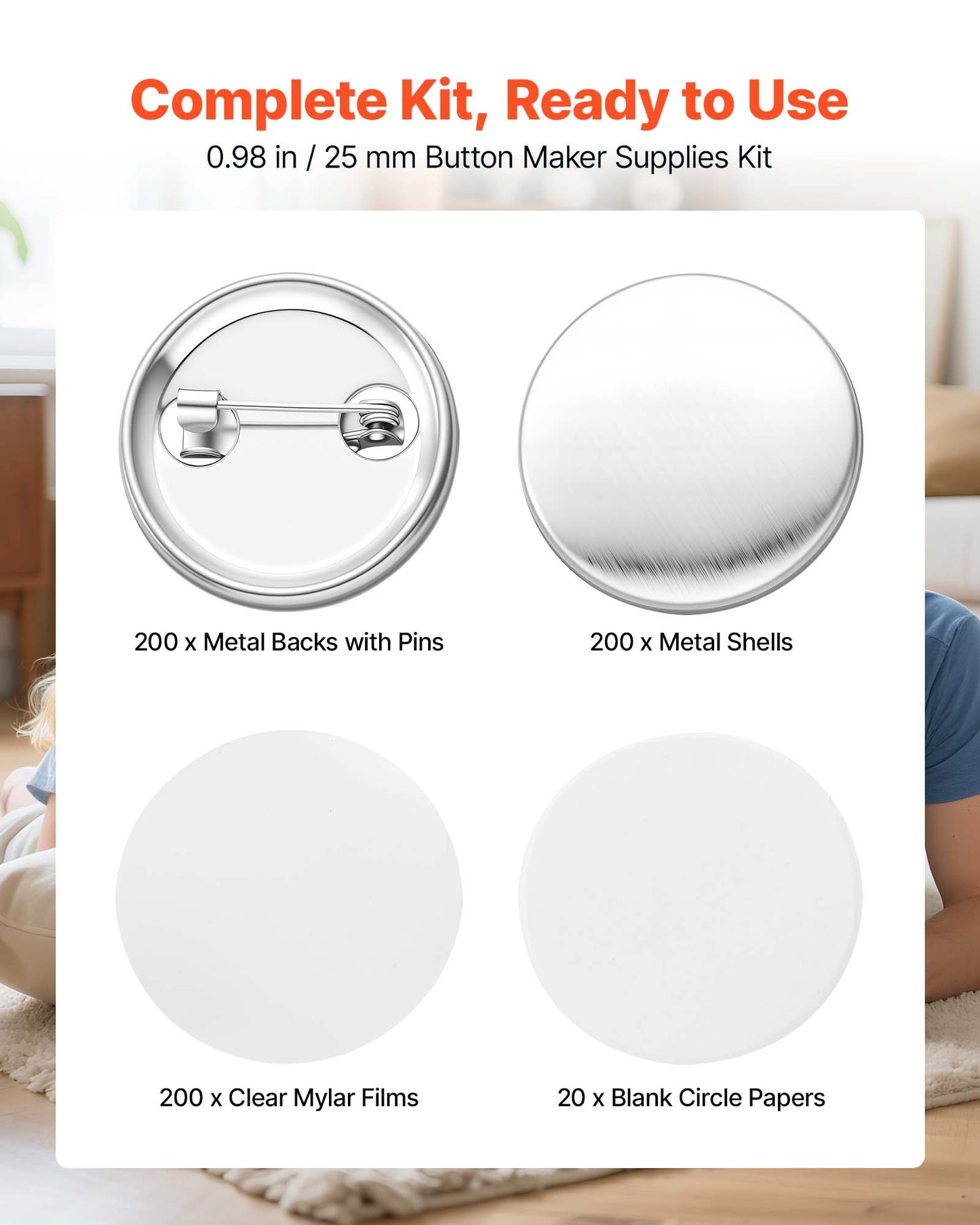 Button Maker Supplies 200 Sets 0.98 in / 25 mm Pin Back Button Parts, with Metal Backs, Metal Shells, Clear Mylar Films, and Blank Circle Papers, for Home DIY, School Events, and Custom Studio