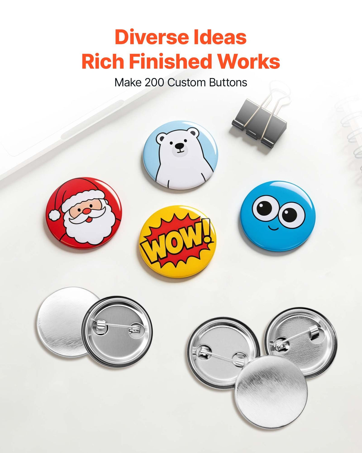 Button Maker Supplies 200 Sets 0.98 in / 25 mm Pin Back Button Parts, with Metal Backs, Metal Shells, Clear Mylar Films, and Blank Circle Papers, for Home DIY, School Events, and Custom Studio