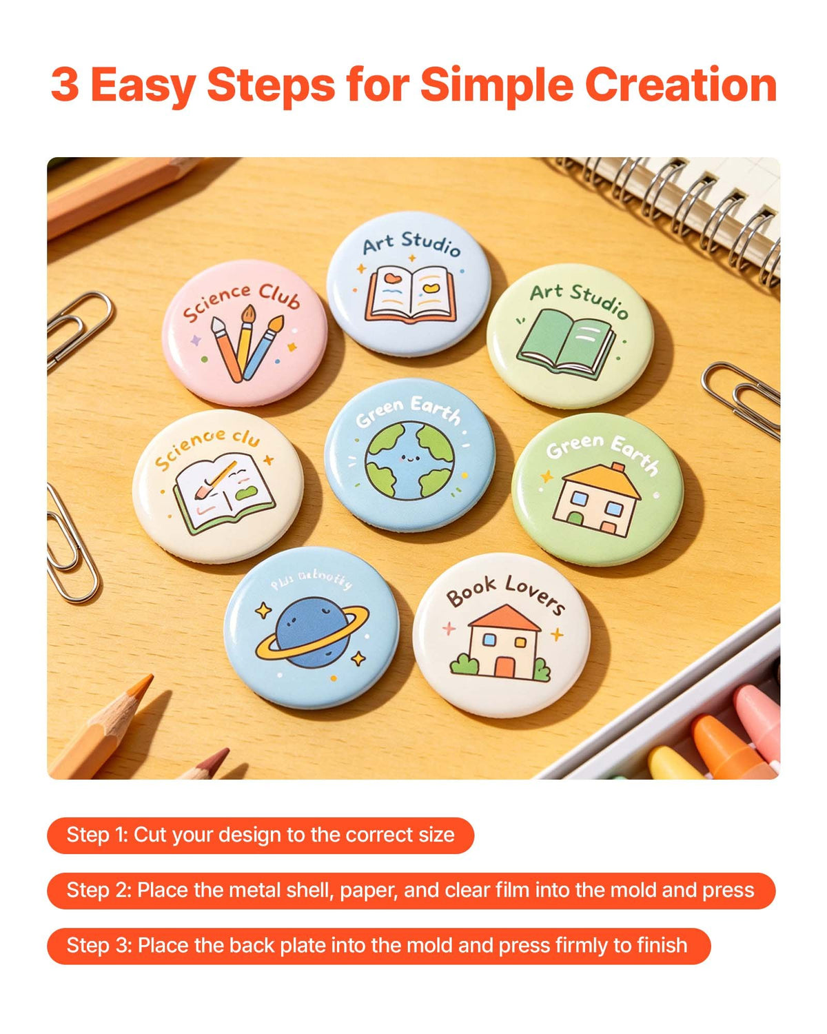 Button Maker Supplies 200 Sets 0.98 in / 25 mm Pin Back Button Parts, with Metal Backs, Metal Shells, Clear Mylar Films, and Blank Circle Papers, for Home DIY, School Events, and Custom Studio