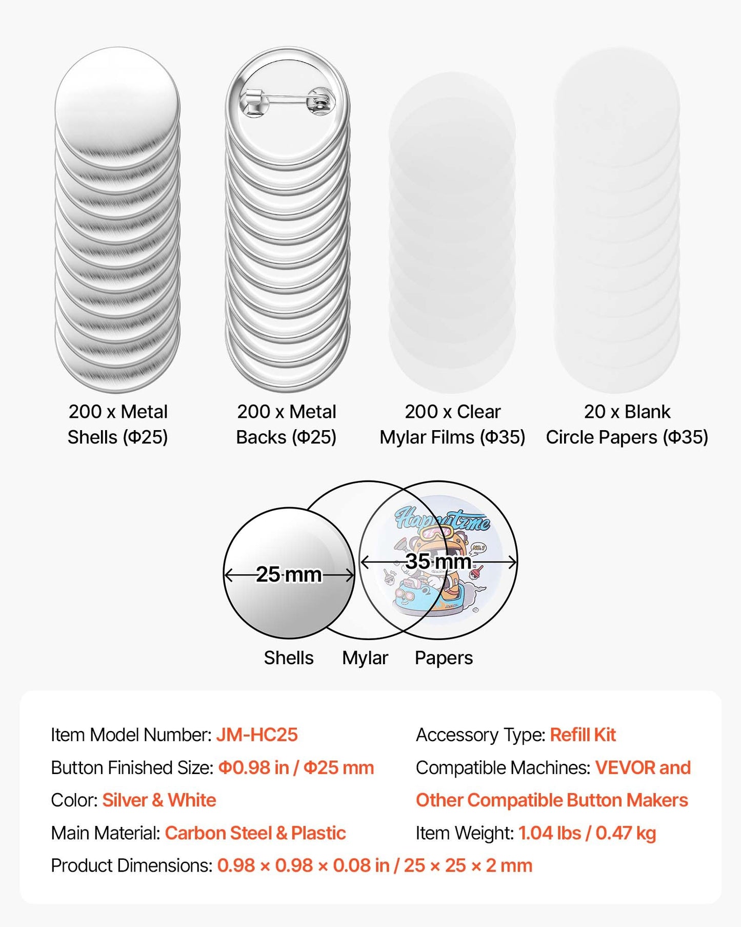 Button Maker Supplies 200 Sets 0.98 in / 25 mm Pin Back Button Parts, with Metal Backs, Metal Shells, Clear Mylar Films, and Blank Circle Papers, for Home DIY, School Events, and Custom Studio