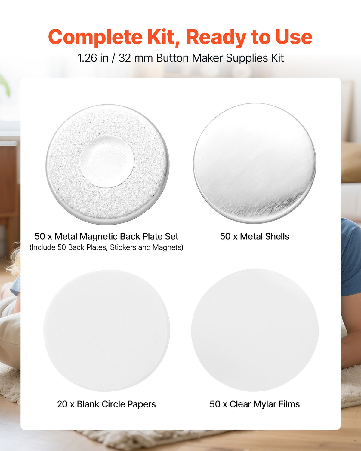 Button Maker Supplies 50 Sets 1.26 in / 32 mm Refrigerator Magnets, Button Parts with Magnetic Backs, Metal Shells, Clear Mylar Films, and Blank Circle Papers, for Home DIY and Kitchen Decor