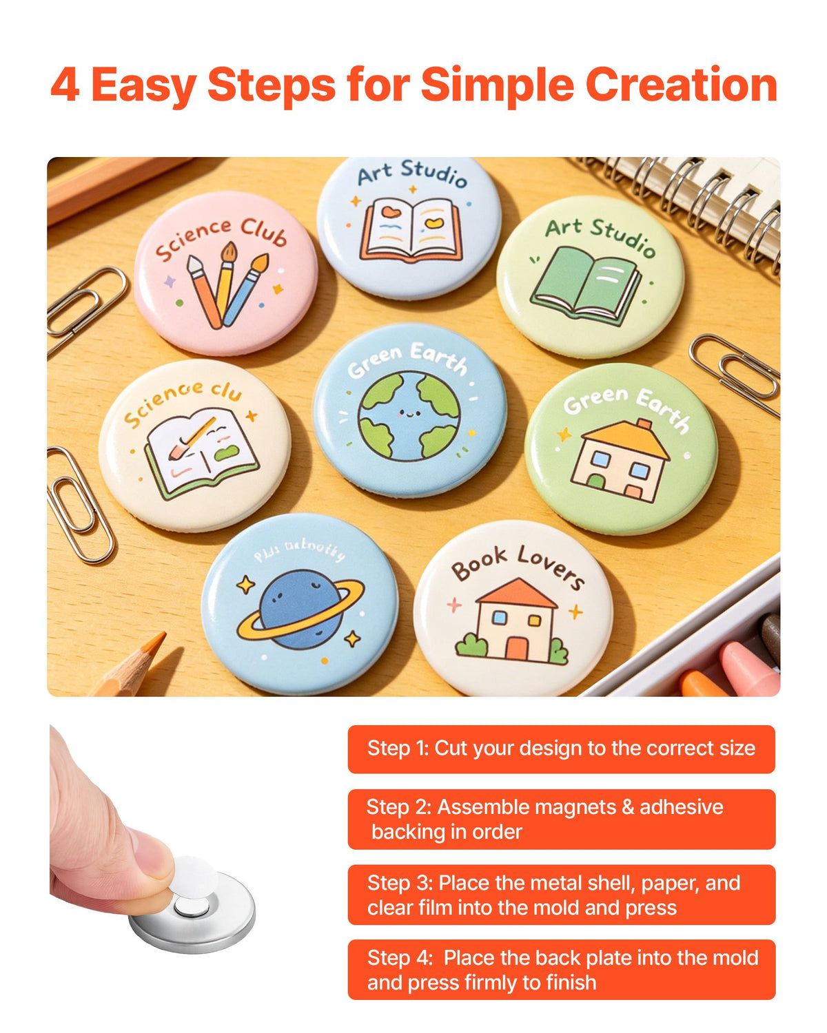 Button Maker Supplies 50 Sets 1.26 in / 32 mm Refrigerator Magnets, Button Parts with Magnetic Backs, Metal Shells, Clear Mylar Films, and Blank Circle Papers, for Home DIY and Kitchen Decor
