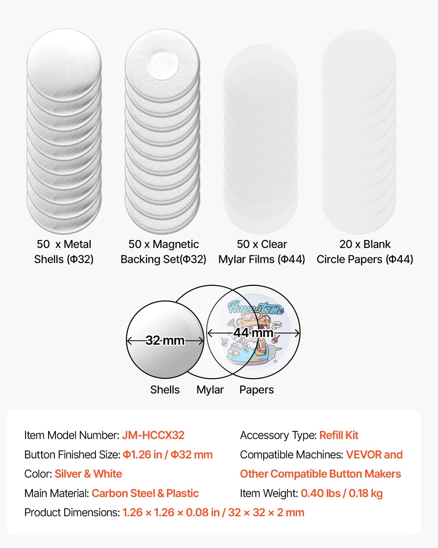 Button Maker Supplies 50 Sets 1.26 in / 32 mm Refrigerator Magnets, Button Parts with Magnetic Backs, Metal Shells, Clear Mylar Films, and Blank Circle Papers, for Home DIY and Kitchen Decor