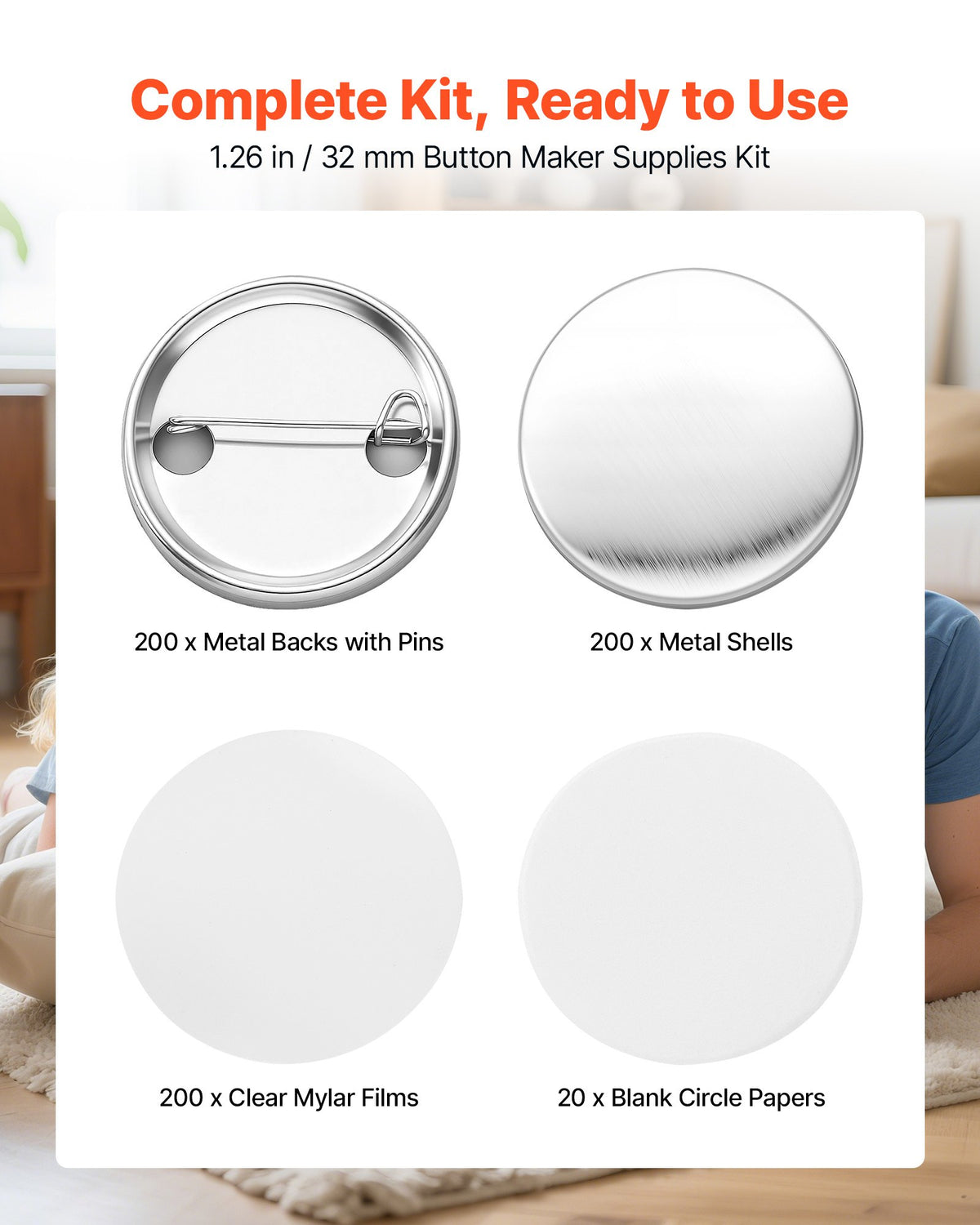 Button Maker Supplies 200 Sets 1.26 in / 32 mm Pin Back Button Parts, with Metal Backs, Metal Shells, Clear Mylar Films, and Blank Circle Papers, for Home DIY, School Events, and Custom Studio