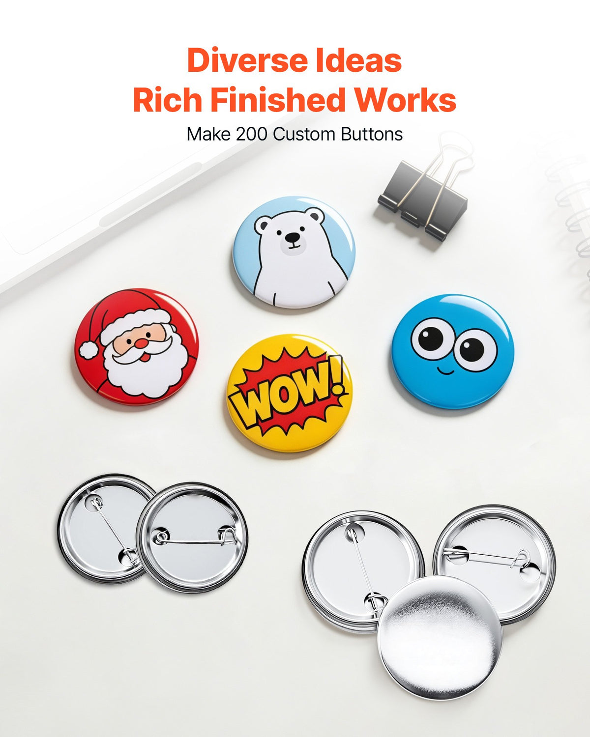 Button Maker Supplies 200 Sets 1.26 in / 32 mm Pin Back Button Parts, with Metal Backs, Metal Shells, Clear Mylar Films, and Blank Circle Papers, for Home DIY, School Events, and Custom Studio