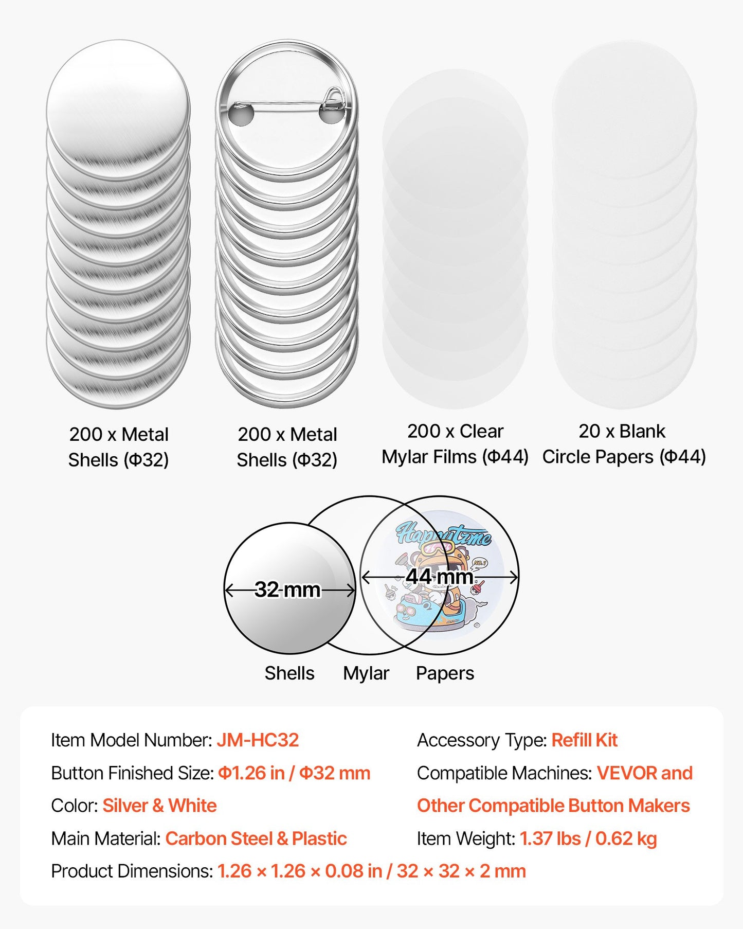 Button Maker Supplies 200 Sets 1.26 in / 32 mm Pin Back Button Parts, with Metal Backs, Metal Shells, Clear Mylar Films, and Blank Circle Papers, for Home DIY, School Events, and Custom Studio