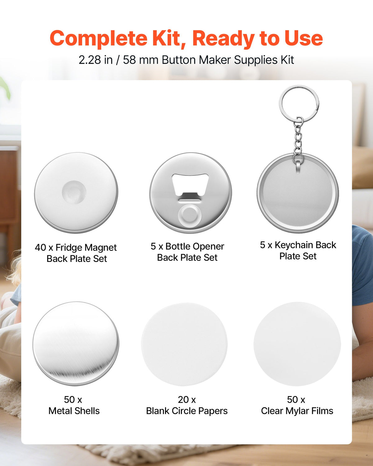 Button Maker Supplies 50 Sets 2.28 in / 58 mm Refrigerator Magnets, Bottle Openers, and Keychains Button Parts with Backs, Shells, Clear Mylar Films, and Blank Circle Papers, for Home DIY