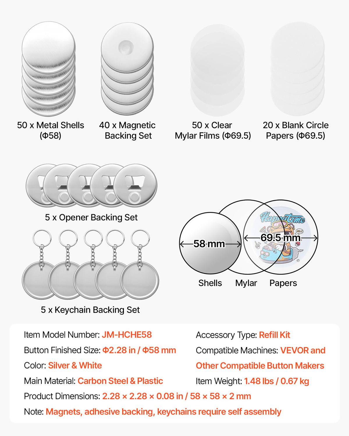 Button Maker Supplies 50 Sets 2.28 in / 58 mm Refrigerator Magnets, Bottle Openers, and Keychains Button Parts with Backs, Shells, Clear Mylar Films, and Blank Circle Papers, for Home DIY