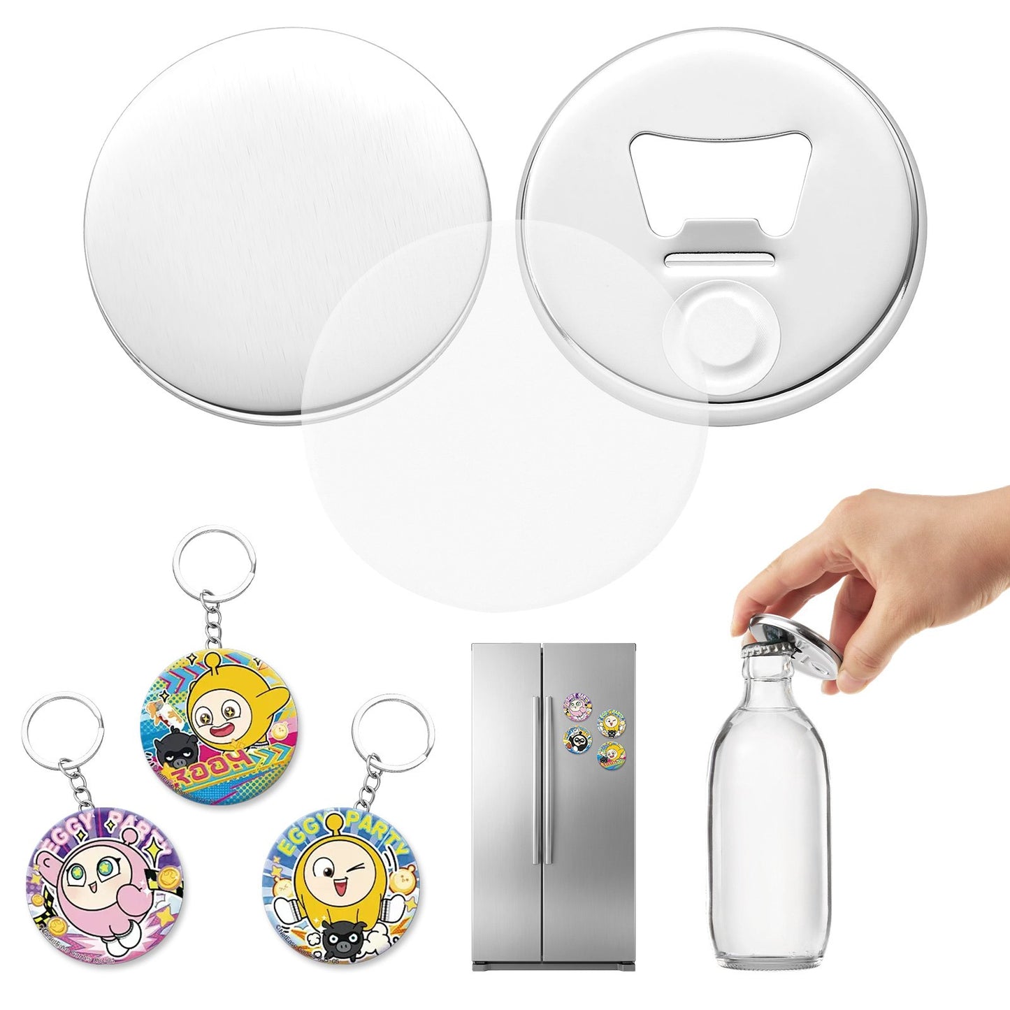 Button Maker Supplies 50 Sets 2.28 in / 58 mm Refrigerator Magnets, Bottle Openers, and Keychains Button Parts with Backs, Shells, Clear Mylar Films, and Blank Circle Papers, for Home DIY