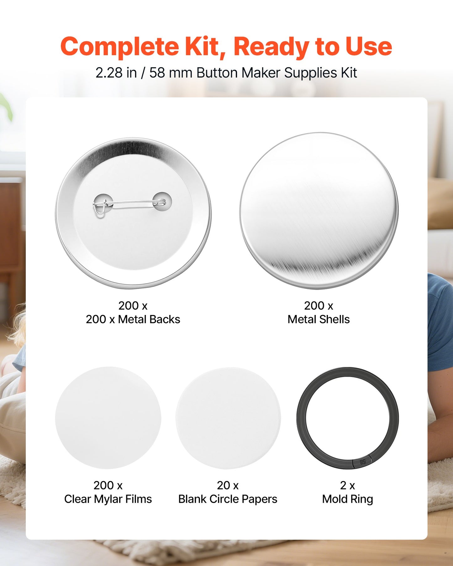 Button Maker Supplies 200 Sets 2.28 in / 58 mm Pin Back Button Parts, with Metal Backs, Metal Shells, Clear Mylar Films, and Blank Circle Papers, for Home DIY, School Events, and Custom Studio