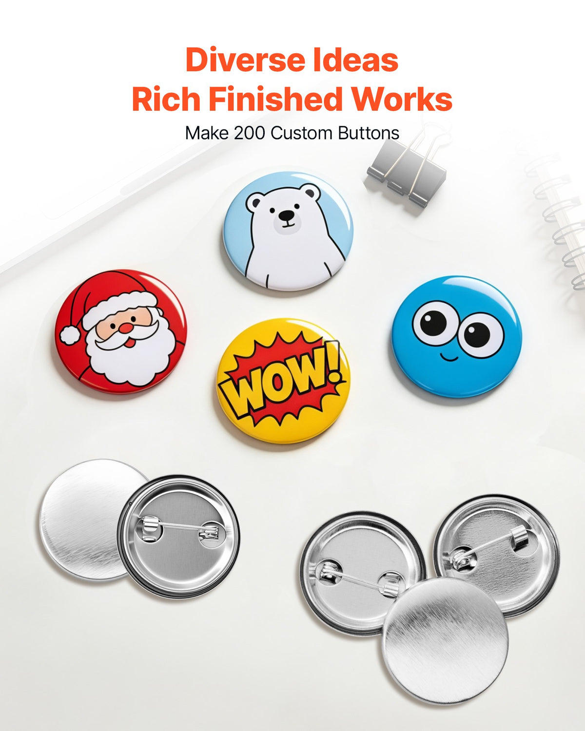 Button Maker Supplies 200 Sets 2.28 in / 58 mm Pin Back Button Parts, with Metal Backs, Metal Shells, Clear Mylar Films, and Blank Circle Papers, for Home DIY, School Events, and Custom Studio