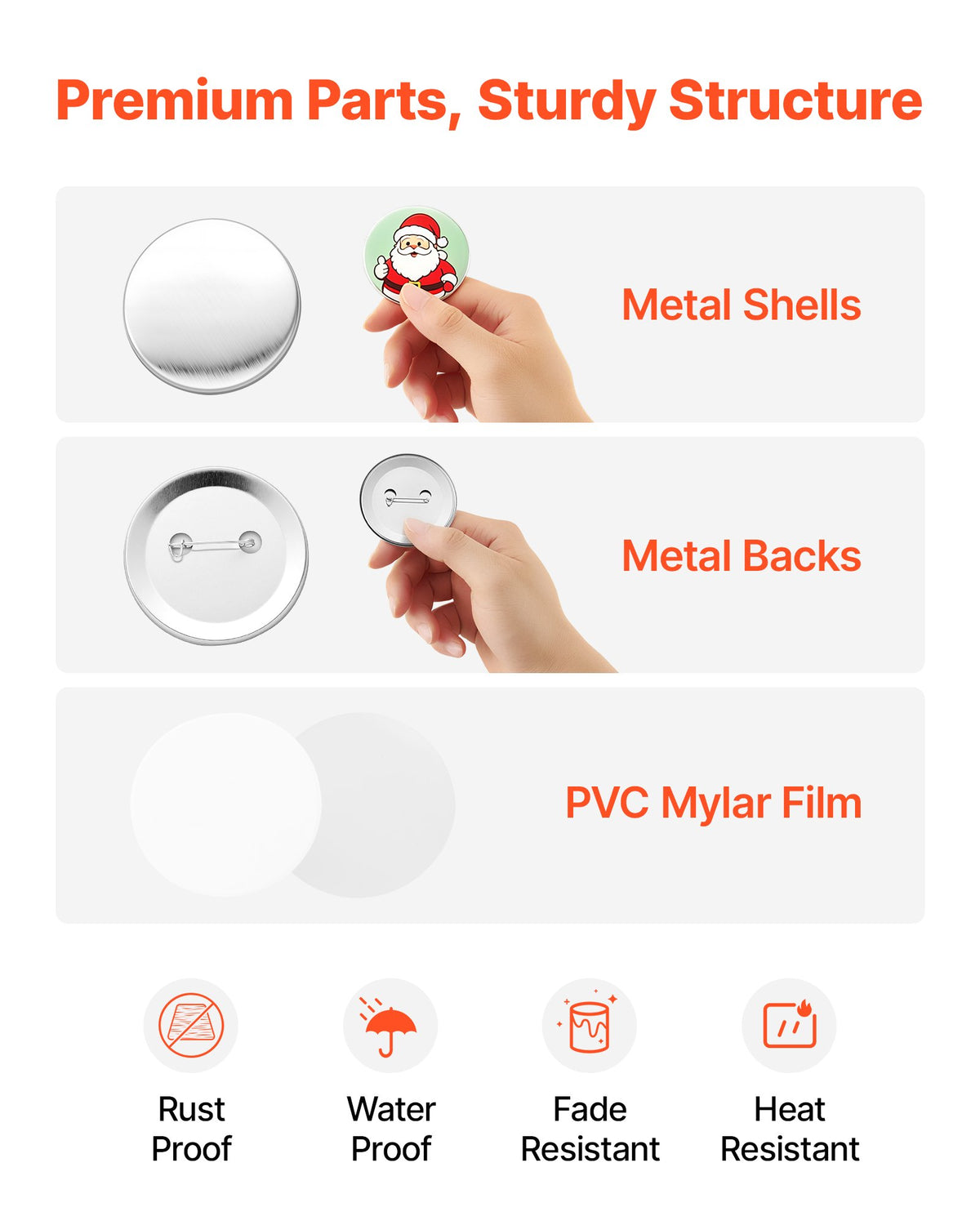 Button Maker Supplies 200 Sets 2.28 in / 58 mm Pin Back Button Parts, with Metal Backs, Metal Shells, Clear Mylar Films, and Blank Circle Papers, for Home DIY, School Events, and Custom Studio