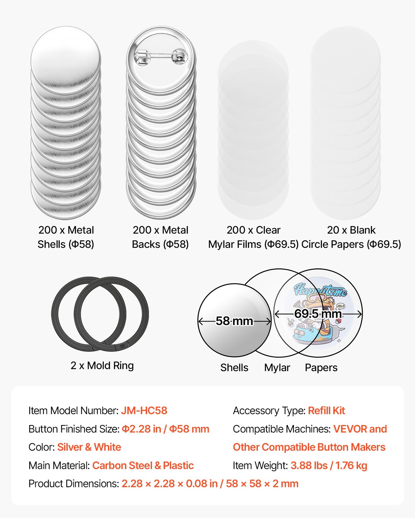Button Maker Supplies 200 Sets 2.28 in / 58 mm Pin Back Button Parts, with Metal Backs, Metal Shells, Clear Mylar Films, and Blank Circle Papers, for Home DIY, School Events, and Custom Studio