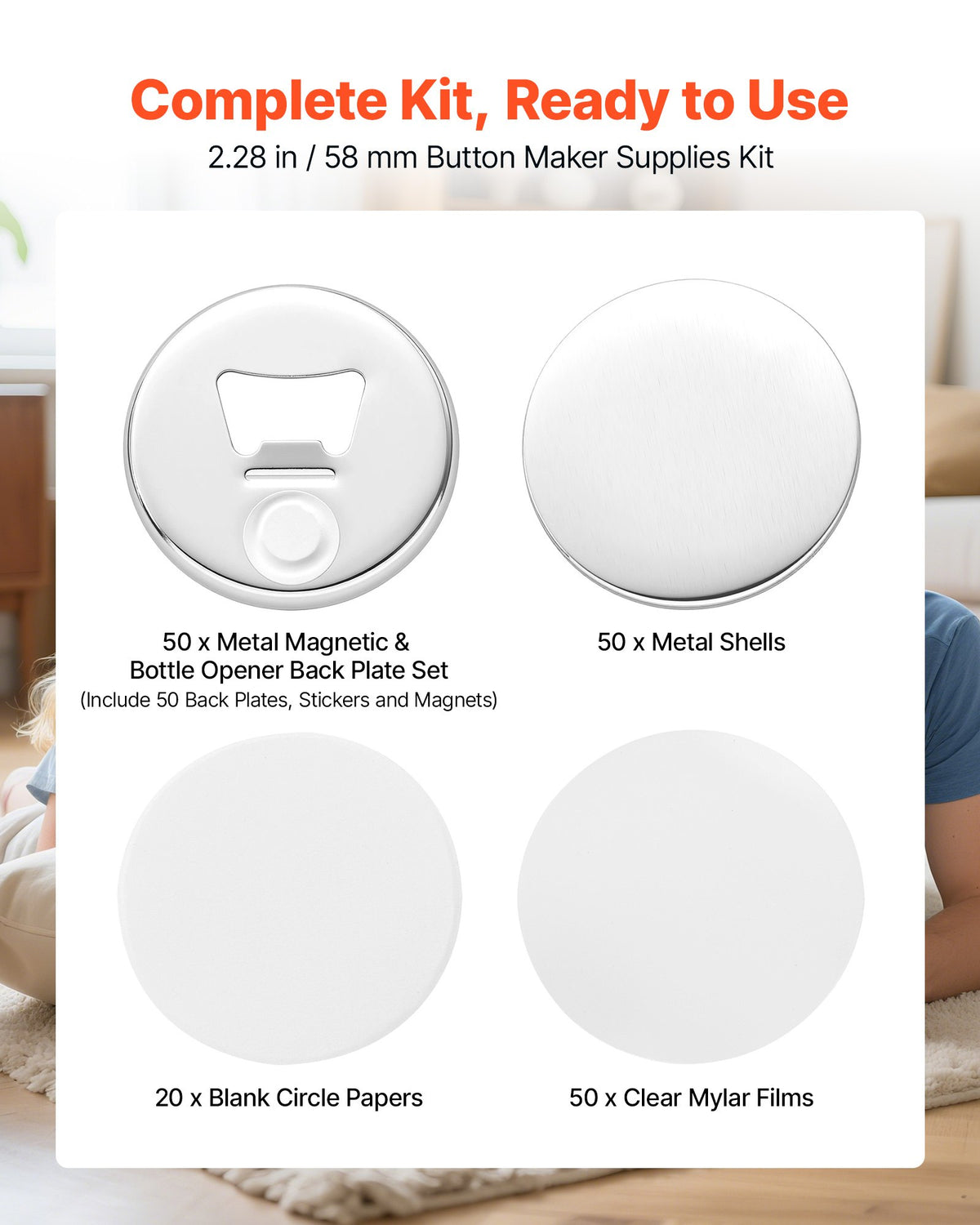Button Maker Supplies 50 Sets 2.28 in / 58 mm Magnet Button Parts, with Magnetic and Bottle Opener Backs, Metal Shells, Clear Mylar Films, and Blank Circle Papers, for Home DIY, Kitchen Decor