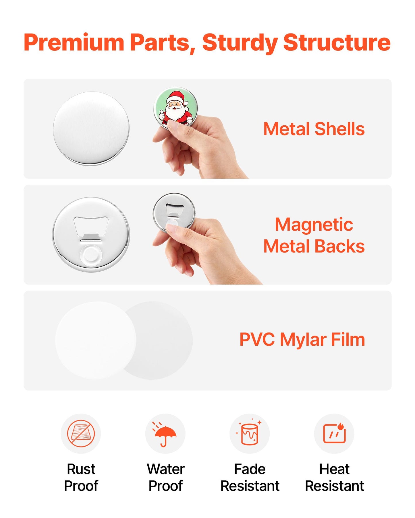 Button Maker Supplies 50 Sets 2.28 in / 58 mm Magnet Button Parts, with Magnetic and Bottle Opener Backs, Metal Shells, Clear Mylar Films, and Blank Circle Papers, for Home DIY, Kitchen Decor