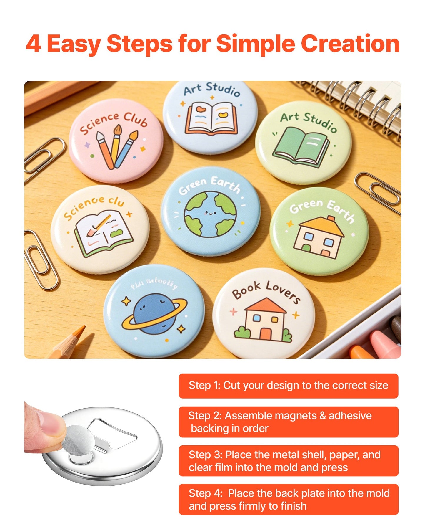 Button Maker Supplies 50 Sets 2.28 in / 58 mm Magnet Button Parts, with Magnetic and Bottle Opener Backs, Metal Shells, Clear Mylar Films, and Blank Circle Papers, for Home DIY, Kitchen Decor