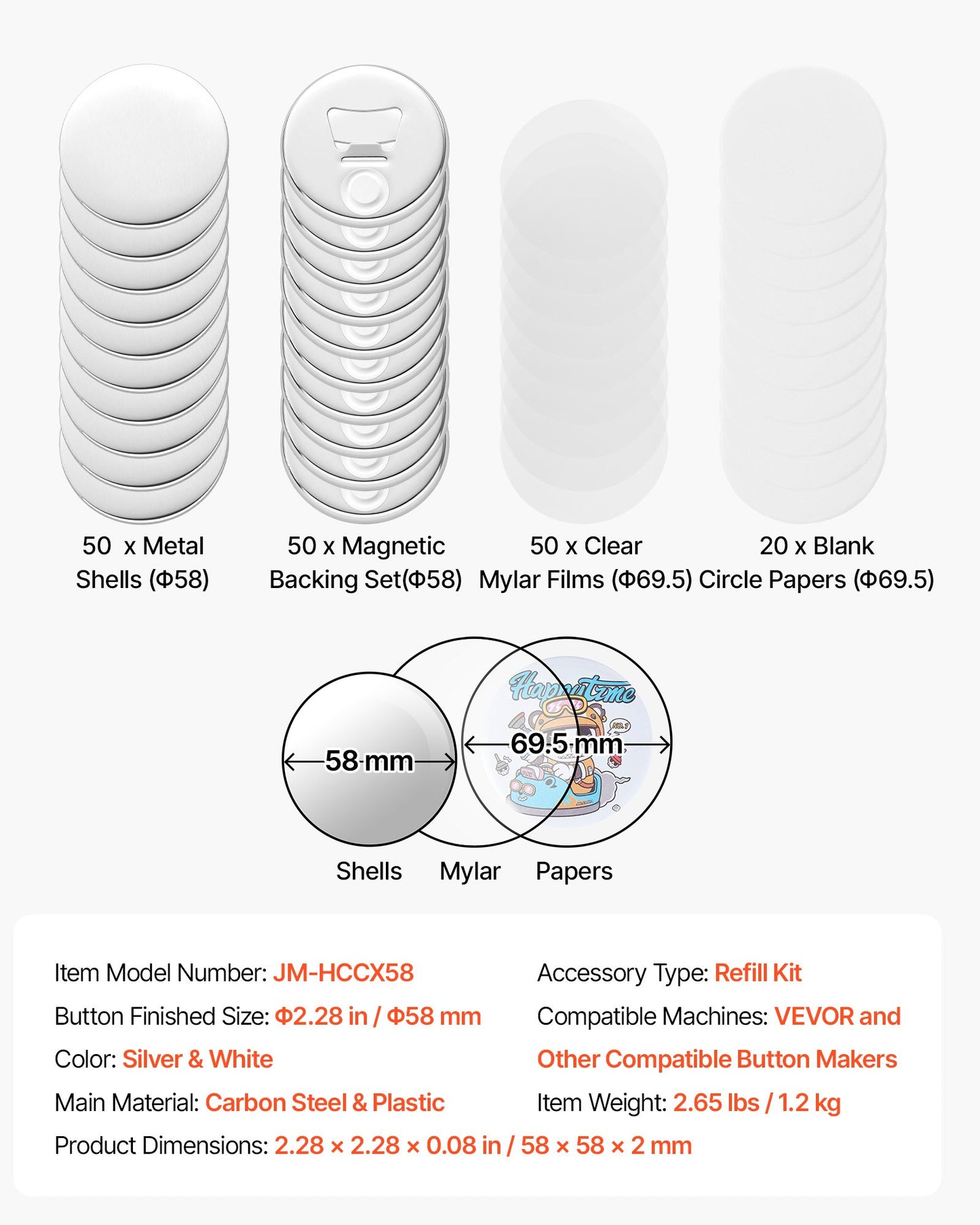 Button Maker Supplies 50 Sets 2.28 in / 58 mm Magnet Button Parts, with Magnetic and Bottle Opener Backs, Metal Shells, Clear Mylar Films, and Blank Circle Papers, for Home DIY, Kitchen Decor