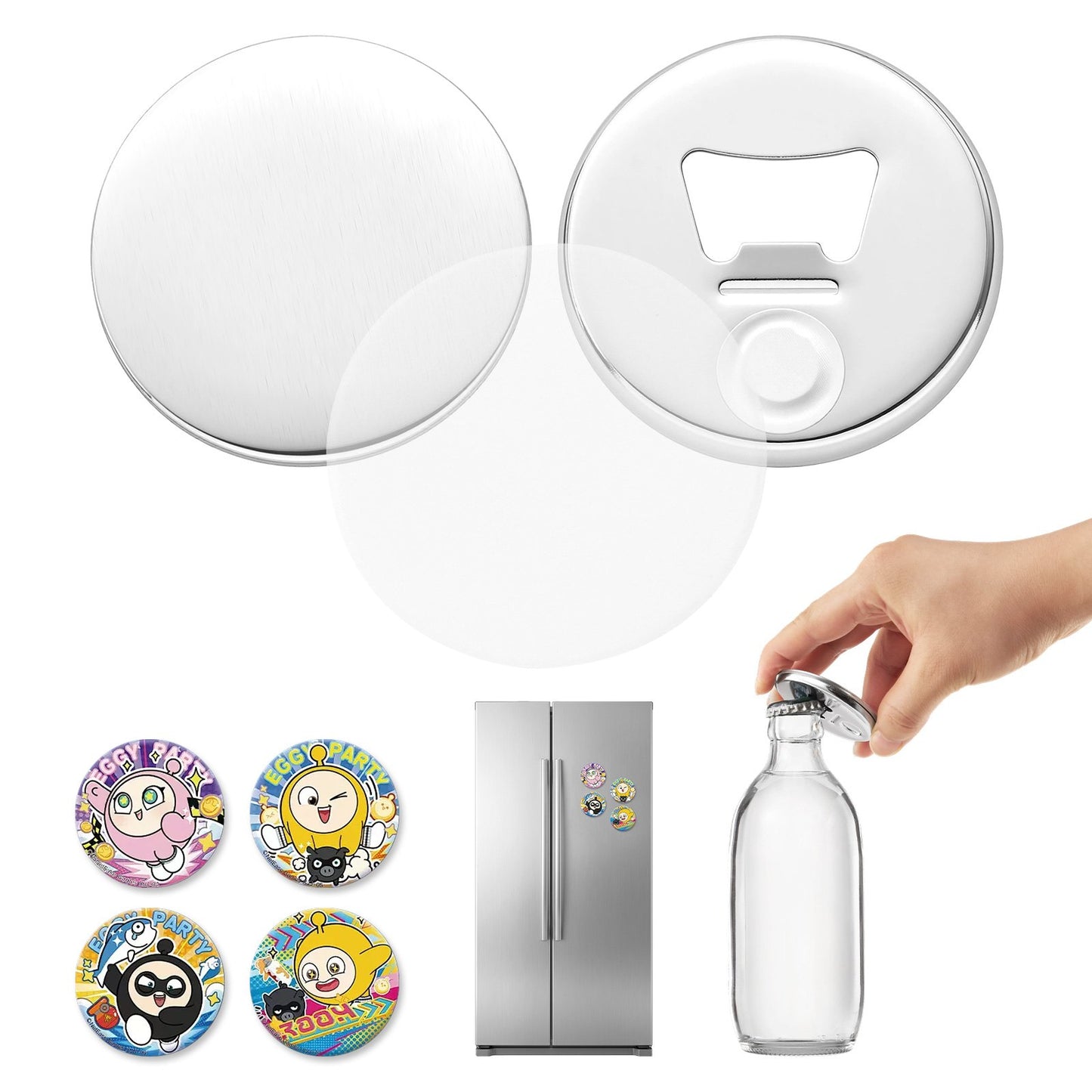 Button Maker Supplies 50 Sets 2.28 in / 58 mm Magnet Button Parts, with Magnetic and Bottle Opener Backs, Metal Shells, Clear Mylar Films, and Blank Circle Papers, for Home DIY, Kitchen Decor